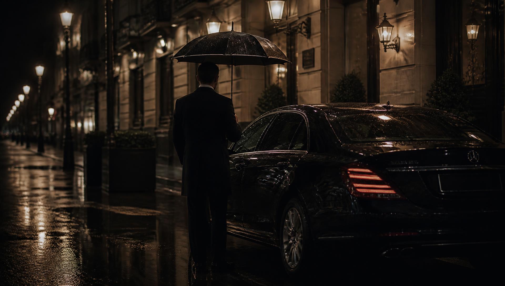 Privéchauffeur wacht bij een donkere sedan in een Europese stad bij nacht